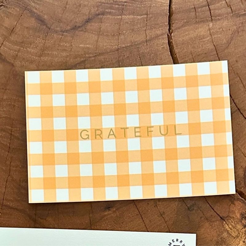 grateful thank you thanksgiving cards in gingham plaid with gold foil embossed set of 25 notecards modern minimalist aesthetic