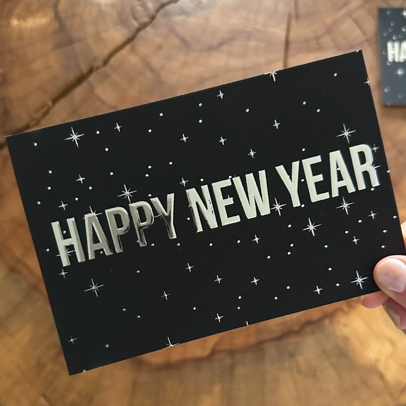 happy new year 2024 bold cards with silver foil embossed set of 25 notecards modern minimalist aesthetic