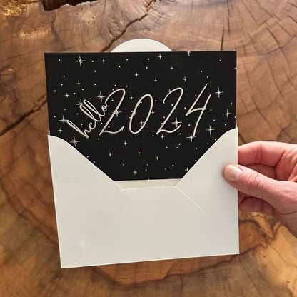 hello 2024 new year cards with silver foil embossed set of 25 notecards modern minimalist aesthetic