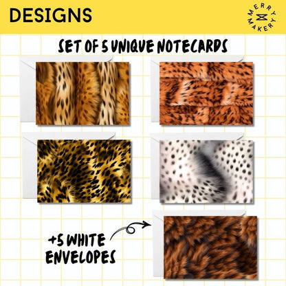 animal print design set of 5 blank unique greeting cards | blank notecard with bright envelope | any occasion stationery
