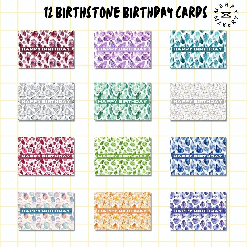 happy birthday unique greeting card set of 12 | watercolor birthstones & gems | blank notecards with bright envelopes | birthday