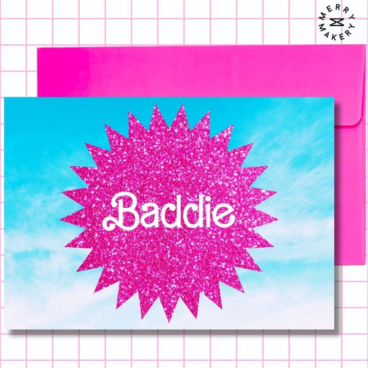 baddie unique greeting card | hot pink glitter sky burst barbiecore doll design | blank card with neon envelope | happy birthday