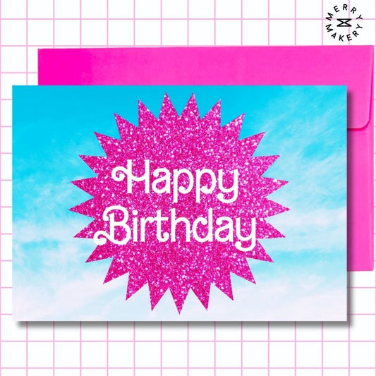 happy birthday unique greeting card | hot pink glitter sky burst barbiecore doll design | blank card with neon envelope