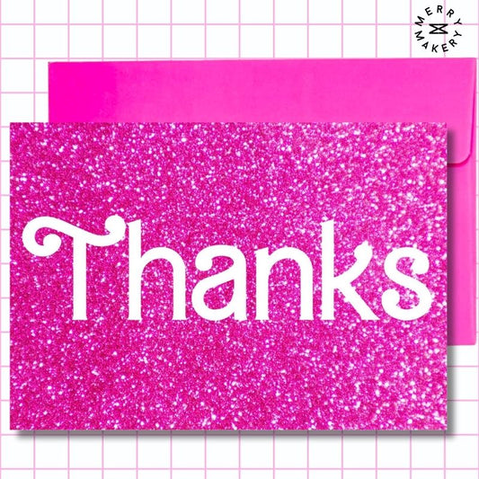 thanks unique greeting card | hot pink glitter barbiecore doll design | blank card with neon envelope | thank you