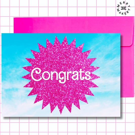 congrats unique greeting card | hot pink glitter sky burst barbiecore doll design | blank card with neon envelope | celebration