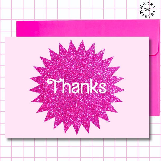 thanks unique greeting card | pink glitter burst barbiecore doll design | blank card with neon envelope | thank you