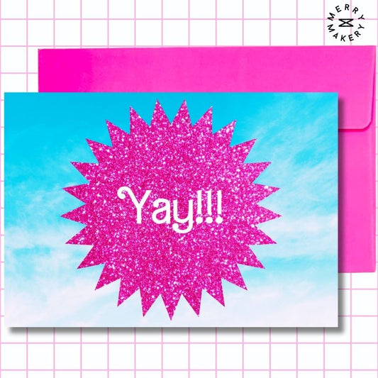 yay unique greeting card | hot pink glitter sky burst barbiecore doll design | blank card with neon envelope | celebration