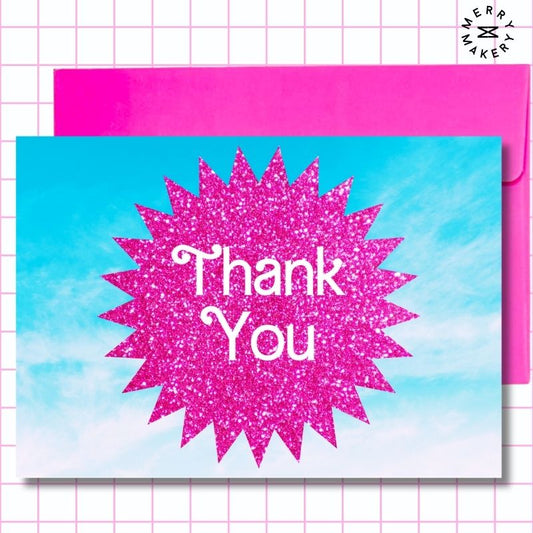 thank you unique greeting card | hot pink glitter sky burst barbiecore doll design | blank card with neon envelope | thank you
