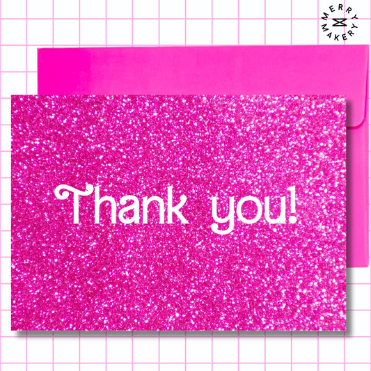 thank you unique greeting card | hot pink glitter barbiecore doll design | blank card with neon envelope | thank you