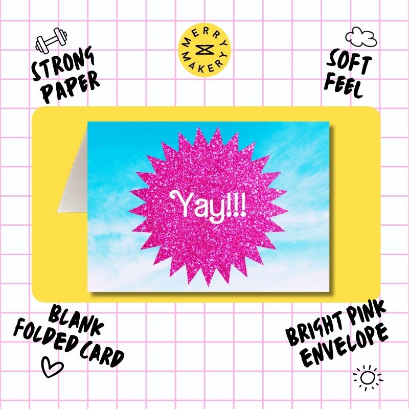 yay unique greeting card | hot pink glitter sky burst barbiecore doll design | blank card with neon envelope | celebration