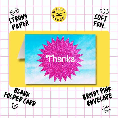 thanks unique greeting card | hot pink glitter sky burst barbiecore doll design | blank card with neon envelope | thank you