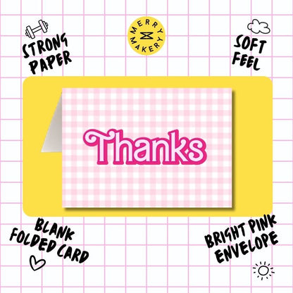 thanks unique greeting card | pink gingham barbiecore doll design | blank card with neon envelope | thank you