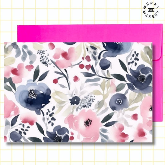 watercolor blooms pink navy unique greeting card | blank notecard with bright envelope | any occasion stationery
