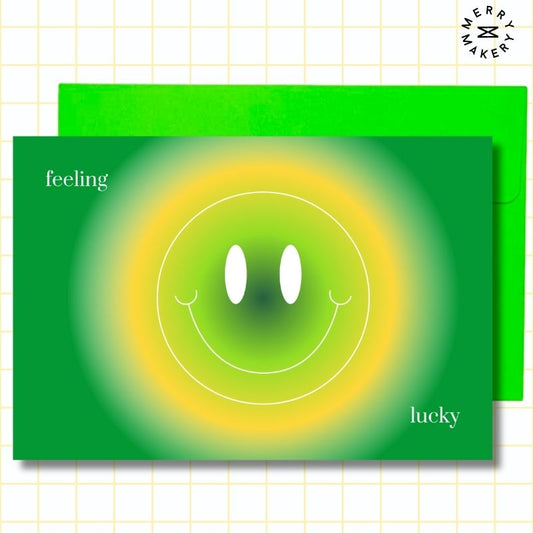 feeling lucky unique greeting card | green smiley aura design | blank notecard with bright envelope | thank you | appreciation | encouragement
