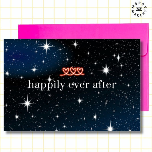happily ever after unique greeting card | black starry night design | blank notecard with bright envelope | wedding | anniversary | engagement