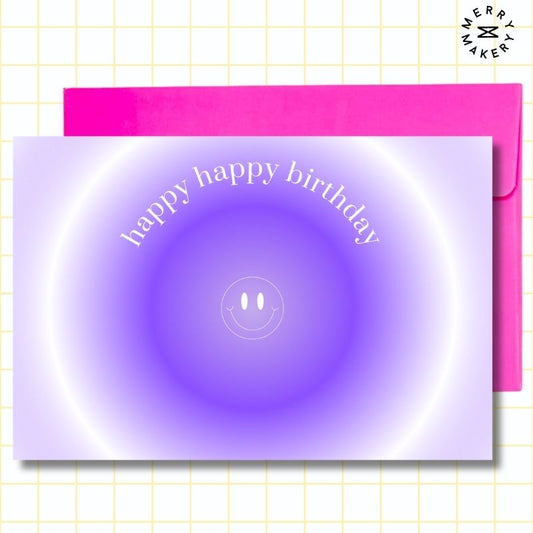 happy happy birthday unique greeting card | purple smiley aura design | blank notecard with bright envelope | birthday
