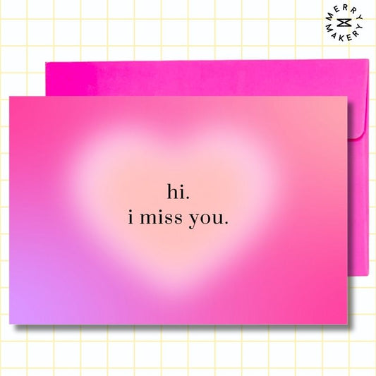 hi i miss you unique greeting card | bright pink heart aura design | blank notecard with bright envelope | love | friendship