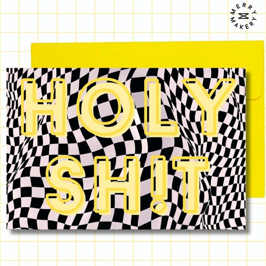 holy shit unique greeting card | black white wavy checkered design | blank notecard with bright envelope | birthday | thank you | congratulations