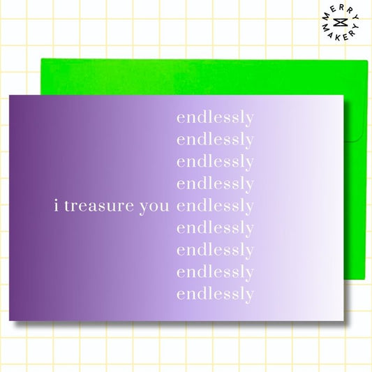 i treasure you endlessly unique greeting card | purple gradient repeating design | blank notecard with bright envelope | thank you | anniversary | appreciation
