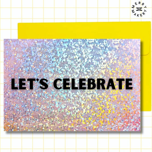 let's celebrate unique greeting card | multicolor sparkly glitter design | blank notecard with bright envelope | birthday | anniversary | wedding