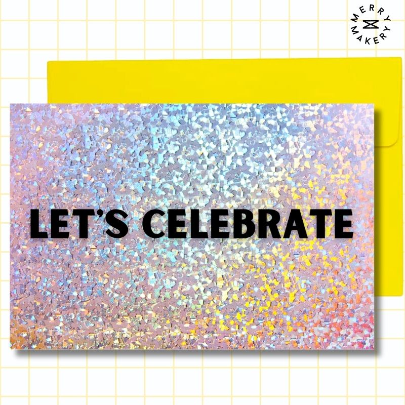let's celebrate unique greeting card | multicolor sparkly glitter design | blank notecard with bright envelope | birthday | anniversary | wedding