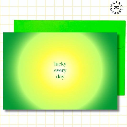 lucky every day unique greeting card | green yellow aura design | blank notecard with bright envelope | thank you | appreciation | encouragement