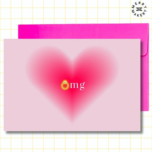 omg you're engaged unique greeting card | pink heart design | blank notecard with bright envelope | engagement | wedding