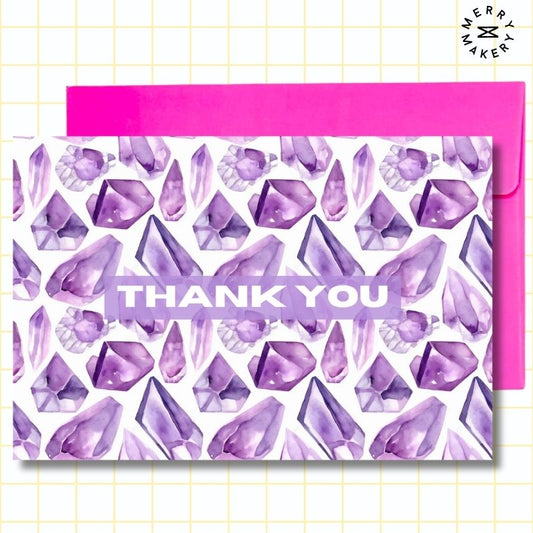 thank you unique greeting card | watercolor amethyst gems design | blank notecard with bright envelope | thank you | appreciation