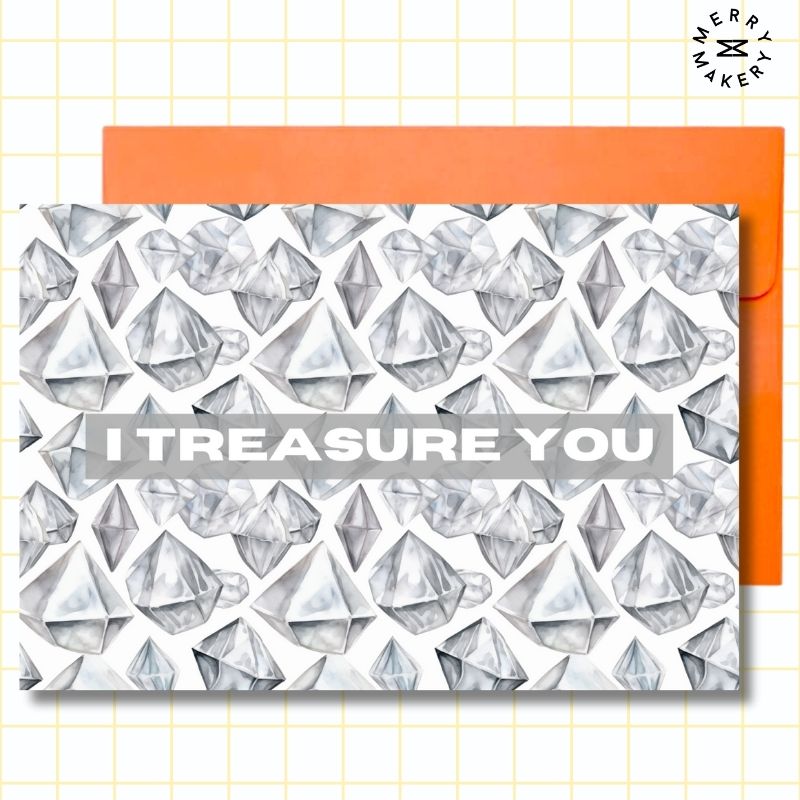 i treasure you unique greeting card | watercolor diamond design | blank notecard with bright envelope | thank you | appreciation
