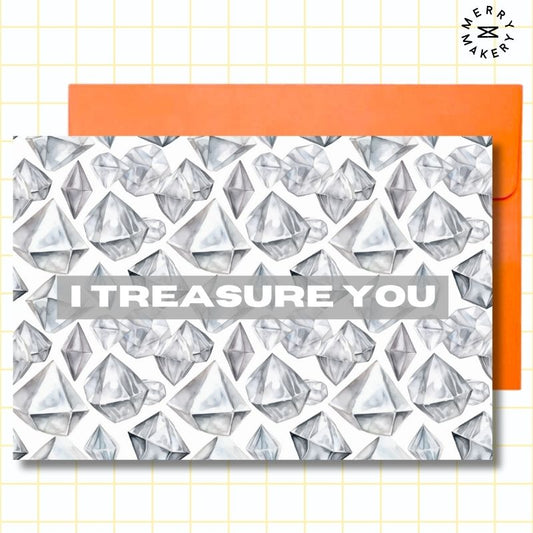 i treasure you unique greeting card | watercolor diamond design | blank notecard with bright envelope | thank you | appreciation