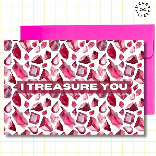 i treasure you unique greeting card | watercolor ruby gems design | blank notecard with bright envelope | thank you | appreciation