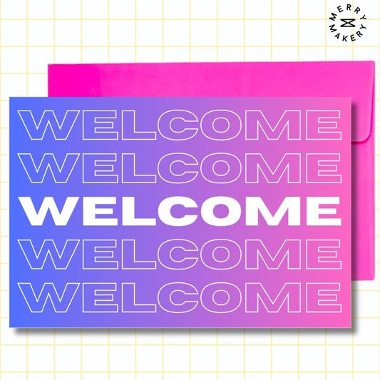 welcome unique greeting card | purple pink gradient repeating design | blank notecard with bright envelope | new home | new employee | new neighbor