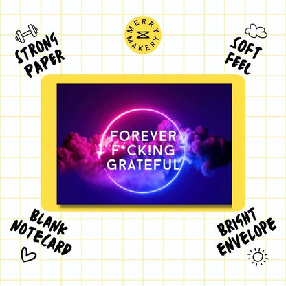 forever fucking grateful unique greeting card | pink neon vaporwave design | blank notecard with bright envelope | thank you | appreciation | love | friend