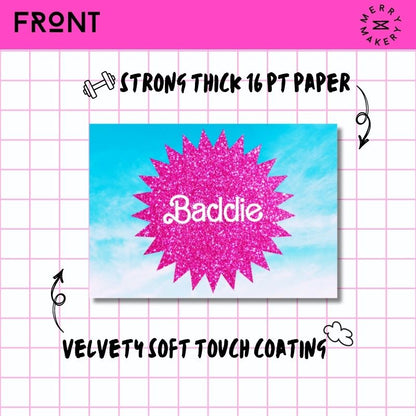 baddie unique greeting card | hot pink glitter sky burst barbiecore doll design | blank card with neon envelope | happy birthday
