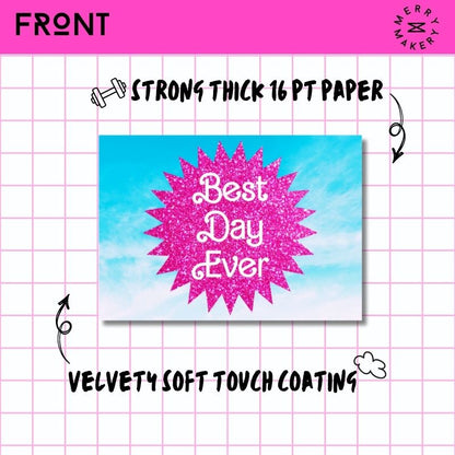 best day ever unique greeting card | hot pink glitter sky burst barbiecore doll design | blank card with neon envelope | happy birthday