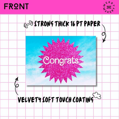 congrats unique greeting card | hot pink glitter sky burst barbiecore doll design | blank card with neon envelope | celebration