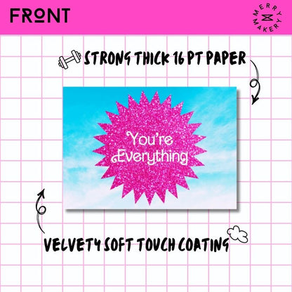 you're everything unique greeting card | hot pink glitter sky burst barbiecore doll design | blank card with neon envelope | birthday