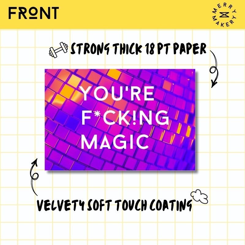 you're fucking magic unique greeting card | magenta pink disco ball design | blank notecard with bright envelope | thank you | birthday | love