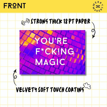 you're fucking magic unique greeting card | magenta pink disco ball design | blank notecard with bright envelope | thank you | birthday | love
