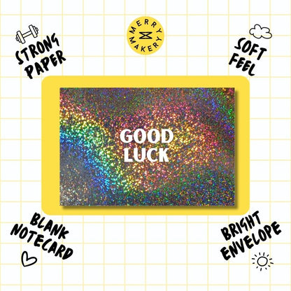 good luck unique greeting card | rainbow sparkly glitter design | blank notecard with bright envelope | graduation | new job | new home