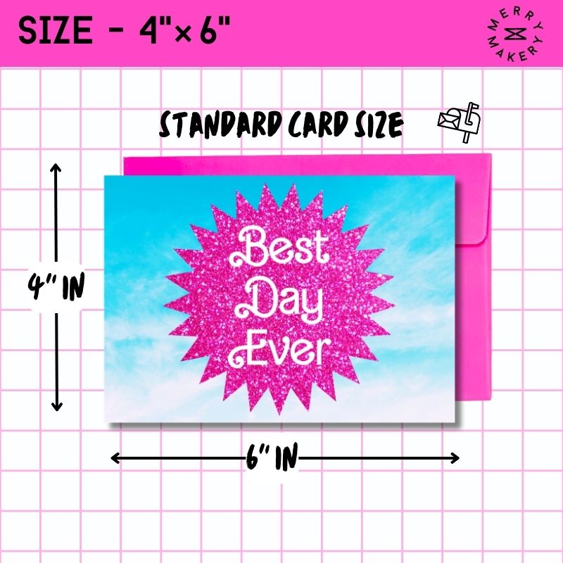best day ever unique greeting card | hot pink glitter sky burst barbiecore doll design | blank card with neon envelope | happy birthday