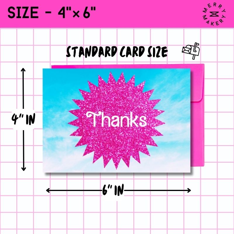 thanks unique greeting card | hot pink glitter sky burst barbiecore doll design | blank card with neon envelope | thank you