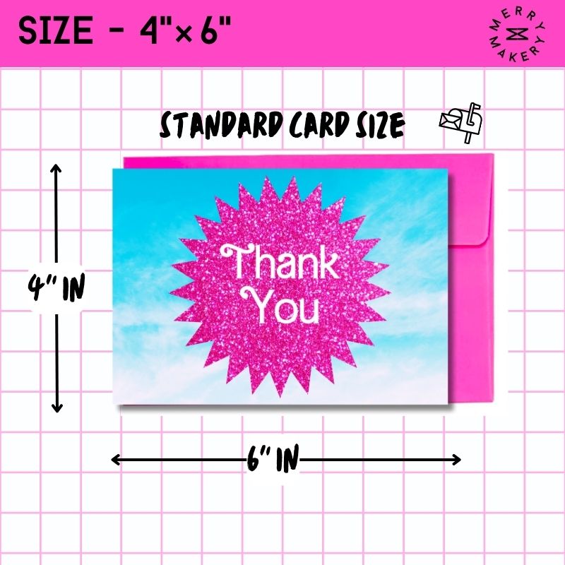 thank you unique greeting card | hot pink glitter sky burst barbiecore doll design | blank card with neon envelope | thank you