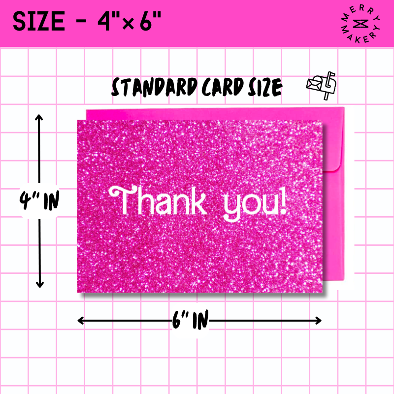thank you unique greeting card | hot pink glitter barbiecore doll design | blank card with neon envelope | thank you