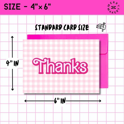 thanks unique greeting card | pink gingham barbiecore doll design | blank card with neon envelope | thank you