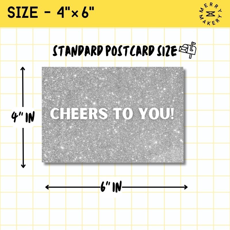 cheers to you unique greeting card | silver sparkly glitter design | blank notecard with bright envelope | birthday | congratulations | graduation