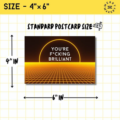 you're fucking brilliant unique greeting card | yellow cyberpunk grid design | blank notecard with bright envelope | thank you | appreciation | friendship