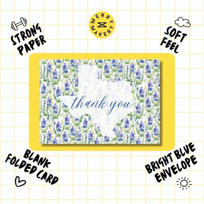 thank you unique greeting card | watercolor bluebonnets texas | blank folded card with blue envelope | thank you | appreciation