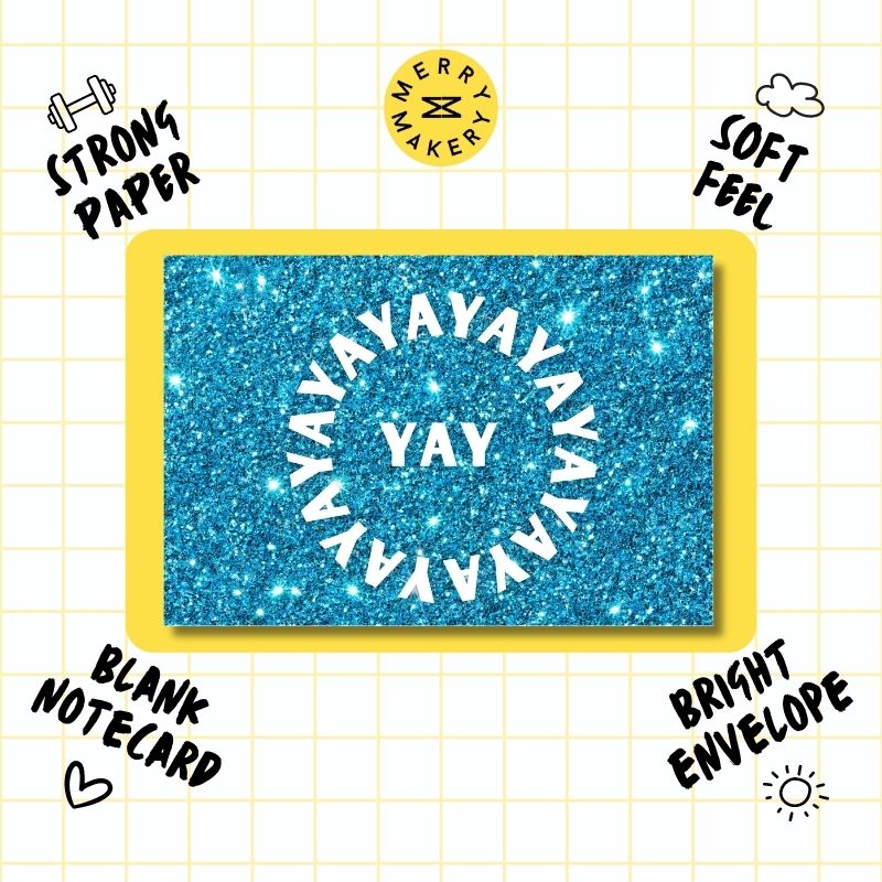 yay unique greeting card | blue sparkly glitter design | blank notecard with bright envelope | wedding | anniversary | birthday