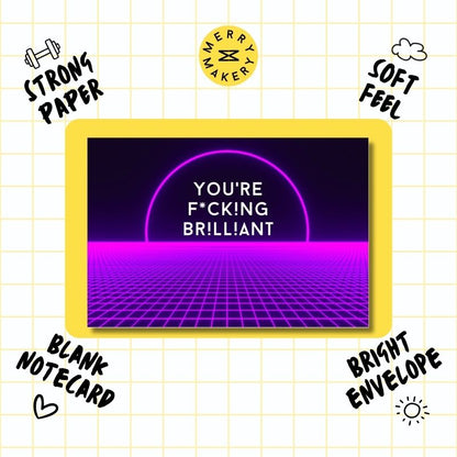 you're fucking brilliant unique greeting card | purple cyberpunk grid design | blank notecard with bright envelope | thank you | appreciation | friendship